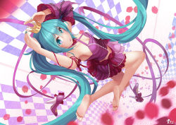 Rule 34 | 1girl, aqua eyes, bare shoulders, barefoot, blurry, checkered background, crown, depth of field, detached sleeves, feet, frilled skirt, frilled sleeves, frills, fs, full body, green hair, hatsune miku, high heels, long hair, long legs, nail polish, petals, project diva (series), romeo to cinderella (vocaloid), shoes, unworn shoes, skirt, soles, solo, toes, twintails, very long hair, vocaloid