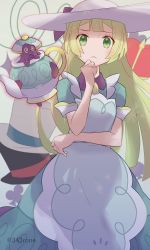 Rule 34 | 1girl, 343rone, :&lt;, apron, blonde hair, blush, closed mouth, commentary request, creatures (company), dress, eyelashes, frown, game freak, gen 8 pokemon, green dress, green eyes, hand on own chin, hand up, hat, highres, lillie (pokemon), lillie (special costume) (pokemon), long hair, looking at viewer, nintendo, official alternate costume, pokemon, pokemon (creature), pokemon masters ex, polteageist, short sleeves, stroking own chin, thinking, twitter username, white headwear