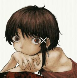 Rule 34 | 1girl, bare shoulders, brown hair, dress, earrings, from side, hair ornament, hand on own arm, head rest, highres, iwakura lain, jewelry, looking to the side, ranm12s, red dress, serial experiments lain, short hair, single sidelock, solo, white background, wide-eyed, x hair ornament