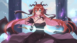 Rule 34 | 1girl, aqua eyes, asymmetrical gloves, atelier live, breasts, brown hair, cleavage, closed mouth, crying, dragon girl, dragon horns, dress, earrings, gloves, hair between eyes, highres, horns, jewelry, kuzuryu io, large breasts, long hair, looking at viewer, mismatched gloves, multicolored hair, multiple horns, pink hair, ribbon, solo, sword, ten-chan (eternal s), very long hair, virtual youtuber, weapon, wings