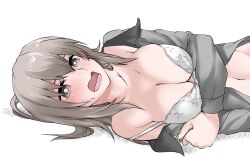 Rule 34 | 1girl, blue eyes, blush, bra, breasts, bright pupils, cleavage, clothes pull, commentary, dress shirt, elf (stroll in the woods), frown, girls und panzer, grey hair, grey shirt, highres, itsumi erika, kuromorimine school uniform, large breasts, long sleeves, looking at viewer, lying, medium hair, navel, on back, open clothes, open mouth, open shirt, pulling own clothes, school uniform, shirt, shirt pull, simple background, solo, strap slip, sweat, textless version, underwear, white background, white bra, white pupils, wing collar