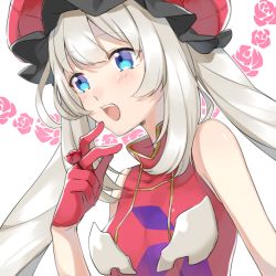 Rule 34 | 1girl, :d, blue eyes, fate/grand order, fate (series), flower, gloves, hat, jewelry, kan&#039;yu (citron 82), long hair, marie antoinette (fate), open mouth, ring, silver hair, simple background, smile, solo, upper body