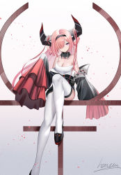 Rule 34 | 1girl, :o, absurdres, artist name, azur lane, bare shoulders, black footwear, black hairband, breasts, cleavage, collarbone, foot out of frame, hair between eyes, hair over one eye, hairband, heatia, highres, horns, long hair, looking at viewer, medium breasts, open mouth, petals, pink hair, prinz rupprecht (azur lane), purple eyes, shirt, simple background, sitting, solo, thighhighs, thighs, white shirt, white thighhighs