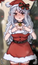 Rule 34 | 1girl, bell, blush, breasts, christmas, christmas tree, cleavage, dress, embarrassed, fang, fangs, fur trim, grey hair, hair ornament, hairclip, hat, heart, heart-shaped pupils, heart hands, highres, long hair, merry christmas, ndawjaidee, nervous smile, open mouth, pointy ears, red dress, red eyes, ribious (ndawjaidee), santa costume, santa hat, smile, solo, symbol-shaped pupils, thighhighs, viewfinder, wavy hair