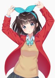 Rule 34 | 1girl, arms up, blue ribbon, breasts, brown hair, collared shirt, grey background, grey eyes, grey skirt, hair ribbon, highres, jacket, k mugura, long hair, long sleeves, one side up, open clothes, open jacket, original, pleated skirt, red jacket, ribbon, shirt, simple background, skirt, small breasts, solo, sweater vest, v-shaped eyebrows, white shirt