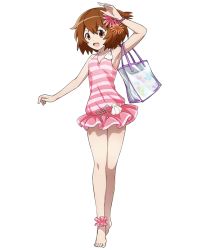 Rule 34 | 1girl, :d, ankle cuffs, arm up, armpits, bag, barefoot, bracelet, breasts, brown eyes, brown hair, casual one-piece swimsuit, cleavage, collarbone, feet, flower, full body, hair between eyes, hair flower, hair ornament, jewelry, log horizon, minori (log horizon), official art, one-piece swimsuit, open mouth, orange flower, pink one-piece swimsuit, red flower, short hair, small breasts, smile, solo, standing, striped clothes, striped one-piece swimsuit, swimsuit, toes, transparent background