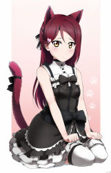 Rule 34 | 10s, 1girl, alternate costume, animal ears, bare arms, bare shoulders, black bow, black bowtie, blush, bow, bowtie, cat ears, cat tail, commentary request, eyebrows, gothic lolita, hair bow, hair ornament, hairclip, highres, kemonomimi mode, lolita fashion, long hair, looking at viewer, love live!, love live! sunshine!!, red hair, ribbon, sakurauchi riko, seiza, shiimai, sitting, solo, tail, tail bow, tail ornament, tail ribbon, yellow eyes