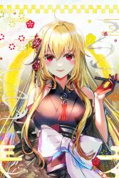 Rule 34 | 1girl, bare shoulders, black kimono, blonde hair, blush, bow, breasts, closed mouth, egasumi, gloves, hair between eyes, hair ornament, highres, holding, hololive, hololive indonesia, japanese clothes, kaela kovalskia, kimono, kiseru, long hair, looking at viewer, medium breasts, obi, official alternate costume, red eyes, sash, smile, smoke, smoking pipe, solo, sowon, very long hair, virtual youtuber, wide sleeves