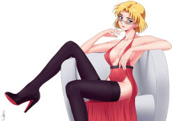 Rule 34 | 1girl, akagi ritsuko, armchair, bare arms, bare shoulders, blonde hair, breasts, chair, closed mouth, dress, earrings, fingernails, from side, glasses, hand up, head tilt, high heels, highres, j adsen, jewelry, large breasts, legs, light smile, lipstick, long legs, looking at viewer, looking over eyewear, looking over glasses, makeup, neon genesis evangelion, no bra, parted bangs, purple footwear, purple thighhighs, red dress, red lips, sash, shoes, short hair, signature, simple background, sitting, solo, sunglasses, thighhighs, tinted eyewear, white background