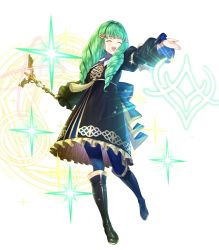 Rule 34 | 1girl, black dress, black footwear, blue pantyhose, boots, bow, closed mouth, detached sleeves, dress, female focus, fire emblem, fire emblem: three houses, fire emblem heroes, flayn (fire emblem), frills, full body, gold trim, green hair, hair ornament, hand up, hands up, highres, holding, holding staff, knee boots, kousei horiguchi, long hair, long sleeves, looking at viewer, nintendo, official art, pantyhose, school uniform, shiny clothes, solo, sparkle, staff, transparent background, turtleneck