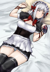 Rule 34 | 1girl, alternate costume, bad id, bad pixiv id, bare arms, bed, black dress, black thighhighs, bow, breasts, cleavage cutout, closed eyes, clothing cutout, cosmic break, dress, dutch angle, enmaided, eris (cosmic break), legs together, long hair, lying, maid, maid headdress, microdress, on back, panties, pillow, puffy short sleeves, puffy sleeves, red bow, red neckwear, short sleeves, skj, sleeping, small breasts, solo, striped clothes, striped panties, thigh gap, thighhighs, underwear, white hair, zettai ryouiki