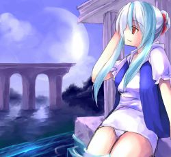 Rule 34 | 1girl, arch, arm up, asahina, blue hair, blue vest, dress, female focus, frills, from side, hand in own hair, kamishirasawa keine, long hair, open clothes, open vest, pond, profile, puffy short sleeves, puffy sleeves, red eyes, short sleeves, sidelocks, sitting, solo, touhou, vest, water, white dress