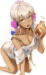 Rule 34 | 1girl, absurdres, all fours, animal, animal on head, black bra, black panties, blonde hair, bra, breasts, cleavage, collarbone, crab on head, dark-skinned female, dark skin, eating, food, food on clothes, food on face, foot out of frame, hair ornament, highres, hololive, hololive english, large breasts, limiter (tsukumo sana), no pants, odyssey 21, on head, open mouth, panties, peanut butter, planet hair ornament, rabbit, rabbit on head, sandwich, shirt, slit pupils, solo, strap slip, thighs, tsukumo sana, twintails, underwear, virtual youtuber, white shirt, yellow eyes