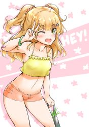 Rule 34 | 10s, 1girl, bag, bare shoulders, blonde hair, blush, bracelet, camisole, geckolion, green eyes, hair ornament, hairclip, idolmaster, idolmaster cinderella girls, jewelry, jougasaki rika, long hair, looking at viewer, midriff, navel, one eye closed, open mouth, short shorts, shorts, smile, solo, spring onion, twintails, two side up, v