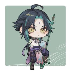 Rule 34 | 1boy, ahoge, arm tattoo, bead necklace, beads, black hair, chibi, closed mouth, eyeshadow, facial mark, forehead mark, full body, genshin impact, gloves, green hair, highres, holding, holding polearm, holding weapon, jewelry, looking at viewer, makeup, male focus, multicolored hair, necklace, polearm, primordial jade winged-spear (genshin impact), red eyeshadow, simple background, solo, spear, tattoo, weapon, xiao (genshin impact), yellow eyes, zaso