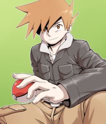 Rule 34 | 1boy, belt, belt buckle, blue oak, brown eyes, brown pants, buckle, closed mouth, creatures (company), game freak, green background, highres, holding, holding poke ball, jacket, jewelry, long sleeves, male focus, necklace, nintendo, nutkingcall, orange hair, outline, pants, poke ball, poke ball (basic), pokemon, pokemon hgss, simple background, smile, solo, spiked hair, spread legs