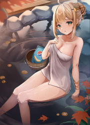 Rule 34 | 1girl, absurdres, arm support, autumn leaves, berserker r, blonde hair, blush, breasts, character request, chips (food), cleavage, collarbone, food, green eyes, hair between eyes, hair bun, hair ornament, hairclip, half-closed eyes, hand on own chest, highres, indie virtual youtuber, knees together feet apart, looking at viewer, medium breasts, medium hair, multicolored eyes, naked towel, onsen, outdoors, parted lips, partially submerged, rock, sidelocks, single hair bun, sitting, solo, thighs, towel, virtual youtuber, yellow eyes