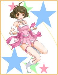 Rule 34 | 00s, 1boy, akizuki ryo, antenna hair, bare shoulders, boots, brown eyes, brown hair, crossdressing, cute &amp; girly (idolmaster), idolmaster, idolmaster dearly stars, jewelry, male focus, necklace, open mouth, short hair, smile, solo, t2r, thighhighs, trap