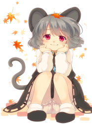 Rule 34 | 1girl, :3, animal ears, arm support, autumn leaves, bloomers, dress, gem, grey dress, grey hair, iris anemone, jewelry, leaf, leaf on head, long sleeves, looking at viewer, mouse ears, mouse tail, nazrin, necklace, pendant, pink eyes, shirt, simple background, sitting, solo, staring, tail, touhou, underwear, upskirt