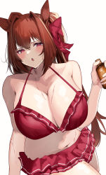 Rule 34 | 1girl, :o, absurdres, animal ears, bare shoulders, bikini, blush, bow, breasts, brown hair, cleavage, commentary request, daiwa scarlet (umamusume), hair bow, hair intakes, hair ornament, highres, horse ears, horse girl, large breasts, long hair, namazu (yamasonson), navel, open mouth, pink eyes, red bikini, red bow, swimsuit, twintails, umamusume