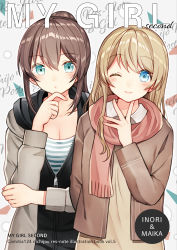 Rule 34 | 2girls, ;), absurdres, black hoodie, blue eyes, blush, breasts, brown dress, brown hair, brown jacket, cleavage, closed mouth, collarbone, collared dress, commentary request, dress, fingernails, fringe trim, grey jacket, hair between eyes, has bad revision, has downscaled revision, highres, hood, hood down, hoodie, jacket, kurata rine, light brown hair, long sleeves, looking at viewer, md5 mismatch, multiple girls, one eye closed, original, partially unzipped, pink scarf, resolution mismatch, scarf, shirt, small breasts, smile, source smaller, striped clothes, striped shirt, zipper pull tab