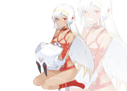 Rule 34 | 1girl, altera (fate), altera the santa (fate), animal, aosora kamiya, bare shoulders, breasts, cleavage, collarbone, dark-skinned female, dark skin, earmuffs, fake facial hair, fake mustache, fate/grand order, fate (series), forehead protector, full body, holding, holding animal, kneehighs, looking at viewer, medium breasts, mittens, no shoes, red eyes, red socks, revealing clothes, ribbon, sheep, short hair, simple background, sitting, socks, solo, thighs, wariza, white background, white hair, white mittens, white ribbon, zoom layer