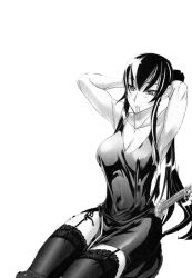 Rule 34 | 1girl, adjusting hair, armpits, arms behind head, arms up, breasts, busujima saeko, cleavage, highschool of the dead, large breasts, legs, looking at viewer, monochrome, mouth hold, ponytail, seductive smile, sitting, smile, solo, tank top, thighs