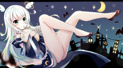 Rule 34 | 1girl, animal, bare shoulders, bat (animal), black footwear, blue dress, blush, closed mouth, crescent moon, detached wings, dress, feet, finger to mouth, green eyes, hair between eyes, head wings, highres, legs, legs up, long sleeves, mini wings, mole, mole under eye, moon, off-shoulder dress, off shoulder, original, rinringyo, shoes, solo, white hair, white wings, wide sleeves, wings