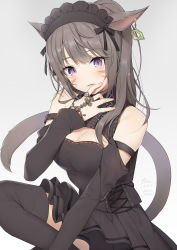 Rule 34 | 1girl, :3, absurdres, animal ears, warrior of light (ff14), black footwear, black skirt, blush, boots, breasts, cat ears, cat girl, cat tail, cleavage, cleavage cutout, clothing cutout, cross-laced clothes, detached sleeves, earrings, facial mark, final fantasy, final fantasy xiv, frilled skirt, frills, gradient background, grey hair, hair over shoulder, hand on own face, headdress, highres, jewelry, long hair, long sleeves, looking at viewer, maid headdress, medium breasts, miqo&#039;te, nail polish, open mouth, purple eyes, ring, signature, skirt, smile, solo, tail, thigh boots, thighhighs, yana mori