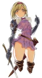 Rule 34 | 10s, 1girl, blonde hair, bow, brown thighhighs, cropped legs, djeeta (granblue fantasy), dress, fighter (granblue fantasy), gauntlets, granblue fantasy, hair intakes, hairband, holding, holding sword, holding weapon, looking at viewer, middle finger, orange eyes, over-kneehighs, pink bow, pink dress, purupuru, sheath, short dress, short hair, shoulder pads, simple background, solo, sword, thighhighs, weapon, white background
