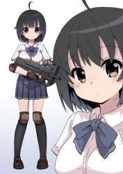 Rule 34 | 1girl, black hair, blue skirt, brown eyes, elbow pads, female focus, fingerless gloves, gia (abab0707), gloves, gun, highres, holding, holding gun, holding weapon, knee guards, looking at viewer, original, school uniform, shirt, shoes, simple background, skirt, socks, solo, standing, weapon, white shirt