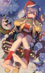 Rule 34 | 1girl, barefoot, blue hair, boots, box, christmas, crazy ones, dark blue hair, dog, feet, gift, gift box, hat, highres, leg warmers, light blush, long hair, looking at viewer, qianye zhizi, santa costume, santa hat, shoes, sleigh, snow, soles, toes, unworn boots, unworn shoes, yellow eyes