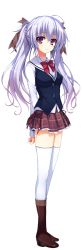 Rule 34 | 1girl, absurdres, arms behind back, blush, boots, full body, highres, knee boots, light purple hair, long hair, long sleeves, looking at viewer, non-web source, pleated skirt, purple eyes, reminiscence, ribbon, school uniform, shimazu aki, simple background, skirt, smile, solo, thighhighs, tomose shunsaku, transparent background, twintails, white background, white thighhighs, zettai ryouiki