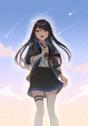 1girl black_hair black_skirt blue_sky charm_(object) collared_shirt commentary_request diagonal-striped_clothes diagonal-striped_necktie falling_star feet_out_of_frame grey_eyes grey_jacket highres hoshino_ichika_(project_sekai) jacket light_particles long_hair looking_at_viewer makiyuki necktie open_mouth project_sekai shirt sidelocks skirt sky sleeves_rolled_up smile solo star_(symbol) star_print striped_clothes swept_bangs thigh_strap white_shirt