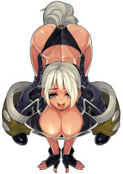 Rule 34 | 1girl, absurdres, all fours, anal tail, angel (kof), ass, breasts, butt plug, chaps, cleavage, fake tail, fengmo, fingerless gloves, gloves, highres, large breasts, looking at viewer, sex toy, short hair, grey eyes, simple background, smile, snk, solo, tail, the king of fighters, white background, white hair