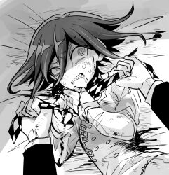 Rule 34 | 2boys, arm belt, breathplay, checkered clothes, checkered scarf, clenched teeth, commentary request, cowboy shot, crying, crying with eyes open, danganronpa (series), danganronpa v3: killing harmony, drooling, fingernails, furrowed brow, greyscale, hair between eyes, layered sleeves, long sleeves, looking at viewer, lying, mako gai, male focus, monochrome, multiple boys, oma kokichi, on back, pants, pov, pov hands, reverse ryona, saihara shuichi, scarf, short hair, solo focus, strangling, tears, teeth, wide-eyed, yaoi