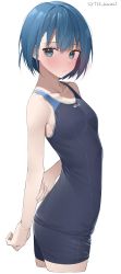 Rule 34 | 1girl, absurdres, arched back, armpit crease, arms behind back, blue eyes, blue hair, blue shorts, blush, breasts, character request, closed mouth, collarbone, commentary request, copyright request, cowboy shot, eyelashes, from side, highres, kawai ritsu (rits meg), looking at viewer, looking to the side, medium breasts, medium hair, shirt, short shorts, shorts, simple background, skin tight, sleeveless, sleeveless shirt, solo, twitter username, white background