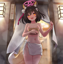 Rule 34 | 1girl, :d, animal ear fluff, animal ears, black hair, blue archive, blush, breasts, bucket, commentary request, fox ears, fox girl, fox tail, hair between eyes, hair ornament, halo, holding, holding bucket, izuna (blue archive), looking at viewer, medium breasts, naked towel, nipples, onsen, open mouth, orange eyes, pom pom (clothes), pom pom hair ornament, short hair, smile, solo, special cat, steam, tail, topless, towel, towel around waist, white towel, wooden bucket