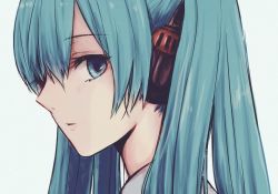 Rule 34 | 1girl, aqua eyes, aqua hair, commentary, expressionless, from side, grey shirt, half-closed eyes, hatsune miku, headphones, long hair, looking at viewer, looking to the side, moa0291, parted lips, portrait, shirt, solo, twintails, vocaloid