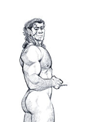 Rule 34 | 1boy, arm hair, ass hair, azreto, baldur&#039;s gate, baldur&#039;s gate 3, bara, braid, chest hair, completely nude, dark-skinned male, dark skin, dungeons &amp; dragons, elf, feet out of frame, from side, greyscale, hairy, halsin, highres, large pectorals, leg hair, looking at viewer, looking to the side, male focus, mature male, medium hair, monochrome, muscular, muscular male, nipples, nude, pectorals, pointy ears, solo, standing, tattoo, thick eyebrows, thick thighs, thighs