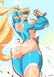 Rule 34 | ass, ass cutout, blonde hair, blue leotard, clothing cutout, domino mask, emboquo, from below, heart cutout, highres, huge ass, leotard, long hair, mask, muscular, muscular female, pointing, rainbow mika, revealing clothes, smile, street fighter, street fighter v, sweat, thick thighs, thighs, twintails, wide hips, wrestling mask, wrestling outfit