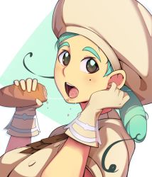 Rule 34 | 1girl, :d, aqua background, aqua eyes, aqua hair, ascot, beret, bread, breasts, brown ascot, buttons, chef, chef hat, creatures (company), crumbs, drawfag, drill hair, eating, food, from side, game freak, gloves, hand up, hat, holding, katy (pokemon), large breasts, lips, looking at viewer, medium hair, mole, mole on cheek, nintendo, open mouth, pokemon, pokemon sv, puffy short sleeves, puffy sleeves, saliva, saliva trail, sexually suggestive, short sleeves, smile, solo, teeth, thick eyebrows, tongue, upper teeth only, white background, white gloves, white hat, white uniform