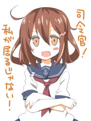 Rule 34 | 10s, 1girl, anchor symbol, brown eyes, brown hair, crossed arms, fang, hair ornament, hairclip, ikazuchi (kancolle), junako, kantai collection, looking at viewer, neckerchief, open mouth, red neckerchief, school uniform, serafuku, short hair, simple background, solo, translated