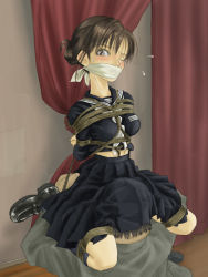 Rule 34 | 1boy, 1girl, age difference, arms behind back, bdsm, black footwear, blush, bondage, bound, breasts, cloth gag, cunnilingus, curtains, gag, gagged, head under skirt, hetero, improvised gag, indoors, loafers, looking at viewer, molestation, no-kon, one eye closed, oral, rope, sailor, school uniform, serafuku, shoes, small breasts, solo focus, source request, sweat, wince