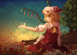 Rule 34 | 1girl, absurdres, arm at side, arm up, ascot, blonde hair, blue sky, breasts, brick wall, cloud, commentary, commentary request, daisy, ekaapetto, english commentary, expressionless, field, flandre scarlet, flower, flower field, hair between eyes, hat, hat ribbon, highres, looking to the side, mixed-language commentary, mob cap, mountain, one side up, outdoors, outstretched hand, petals, pink hat, poppy (flower), puffy short sleeves, puffy sleeves, red skirt, red vest, ribbon, ruins, shirt, short hair, short sleeves, sitting, skirt, sky, small breasts, solo, standing, touhou, twilight, vest, wariza, white shirt, wings, yellow ascot