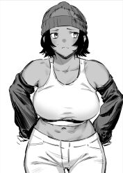 Rule 34 | 1girl, bare shoulders, beanie, breasts, closed mouth, collarbone, cowboy shot, dark-skinned female, dark skin, detached sleeves, frown, furrowed brow, gorilla (kemono friends), greyscale, hair through headwear, hands on own hips, hat, hihiyama yokikana, kemono friends, kemono friends 2, large breasts, looking to the side, medium hair, midriff, monochrome, multicolored hair, navel, nervous, pants, simple background, solo, stomach, sweat, tank top, two-tone hair, white background