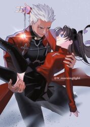 Rule 34 | 1boy, 1girl, asakou (n morninglight), black hair, black skirt, black thighhighs, blue eyes, carrying, coat, dark-skinned male, dark skin, fate/stay night, fate (series), gem, grey hair, highres, jewelry, long hair, looking at another, necklace, princess carry, red coat, red sweater, skirt, smile, sweater, thighhighs, tohsaka rin, two side up, zettai ryouiki