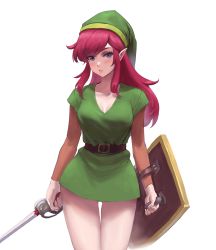 Rule 34 | 1girl, athenawyrm, belt, blue eyes, boots, breasts, genderswap, genderswap (mtf), green hat, hat, highres, large breasts, link, link (shounen captain), long hair, long sleeves, looking at viewer, nintendo, pointy ears, red hair, shield, simple background, solo, standing, sword, the legend of zelda, the legend of zelda (nes), tunic, weapon, white background