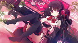 Rule 34 | 1girl, black hair, blush, book, breasts, chair, closed mouth, commentary, copyright request, desktop, energy drink, english text, hair ornament, headband, highres, large breasts, looking at viewer, matsumiya kiseri, no shoes, plant, playing games, red eyes, ribbon, sitting, smile, solo, table, thighhighs