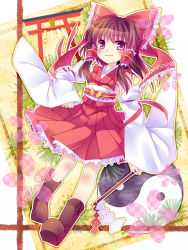 Rule 34 | 1girl, bad id, bad pixiv id, bare shoulders, blush, boots, bow, brown hair, detached sleeves, female focus, gohei, hair bow, hair tubes, hakurei reimu, japanese clothes, miko, minato0618, red eyes, ribbon, smile, solo, torii, touhou, yin yang